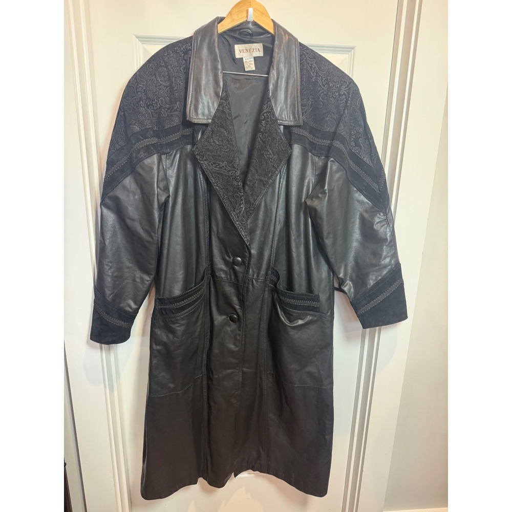 Venezia Black Genuine Leather Trench Coat Paisley Embossed Plus Size 3X Maxi VTG